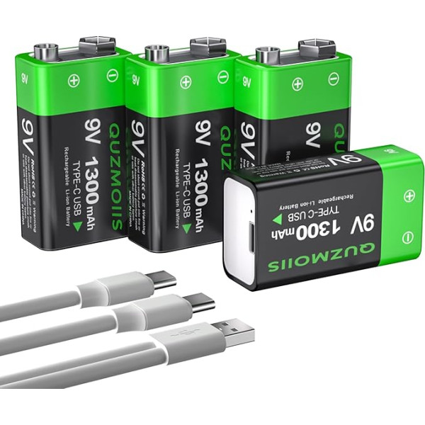 9 V Rechargeable Battery, 1300 mAh Lithium-Ion 9 Volt Block Batteries, Quick Charge via USB-C Ideal for Smoke Detectors, Fire Alarms, Multimeters (Pack of 4)