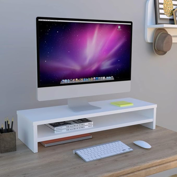 Henor, White Wooden Monitor Stand with Centre Shelf, TV Screen Riser - 82 x 26.5 x 16 cm - Supports 50 kg