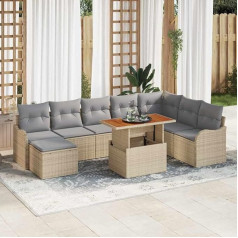 Garten-Sofa-Set 9-teilig mit Kissen und Stauraum in Beige und Hellgrau, handgewebte Outdoor-Möbel als Rattan-Esszimmer-Set für den Außenbereich, modulares Gartenmöbel-Set