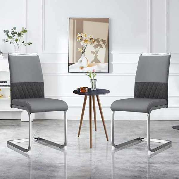 Merax Cantilever Chairs, Set of 2, Dining Room Chairs with High Backrest Made of PU Faux Leather and Linen, Metal Frame, Modern Kitchen Chair, Upholstered Chair for Living Room, Conference Room, Grey