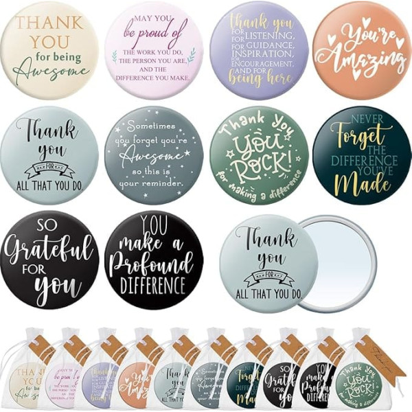 Thyle Set of 30 Inspirational Compact Mirror Thank You Tags Organza Bags with Drawstring Portable Travel Makeup Mirror Bag Handheld Purse Mirror Appreciation Thank You Gifts for