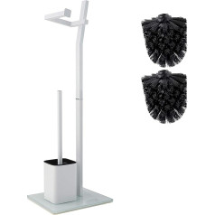 Toilet Brush Set – White – 22 x 18 x 70 cm – Includes Toilet Roll Holder and Toilet Brush – Stainless Steel – Glass Base with Toilet Brush – Plus: 1 and 2 Toilet Brush Heads for Replacing