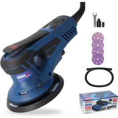 DEDRA Random Orbital Sander 350 W, Diameter 150 mm - Brushless, Adjustable Speed 4000-10000 rpm, Dust Extraction, Ergonomic Design with Soft Grip, Includes Accessory Set