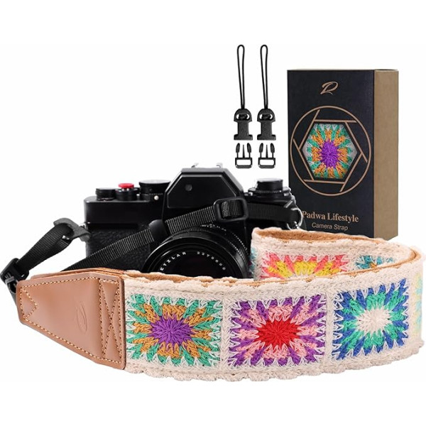 Padwa Lifestyle Camera Strap - 2 Inch Full Grain Leather Camera Straps for Photographers, Embroidered Cotton Fabric, Soft Suede Fabric Padded Strap, Quick Release Fits All Cameras - Crochet White