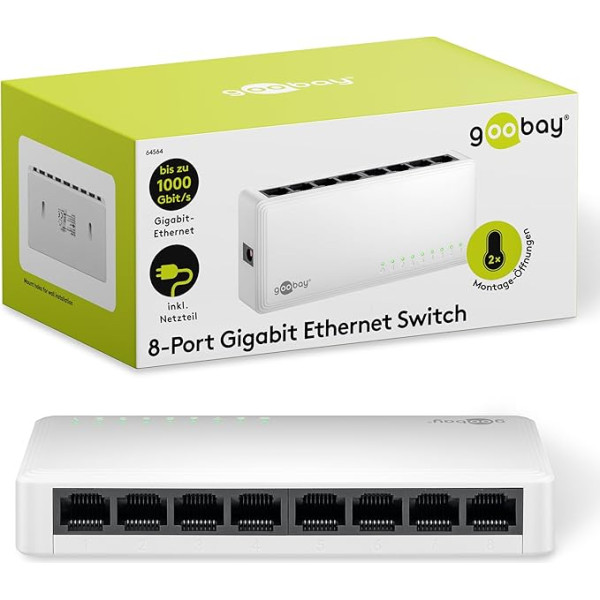 goobay 64564 Gigabit Ethernet Network Switch 8 Port / LAN Switch with Max. 1000 Mbps / Fanless Design / Ethernet Switch with Plug & Play Application / Optimised Data Distribution / White