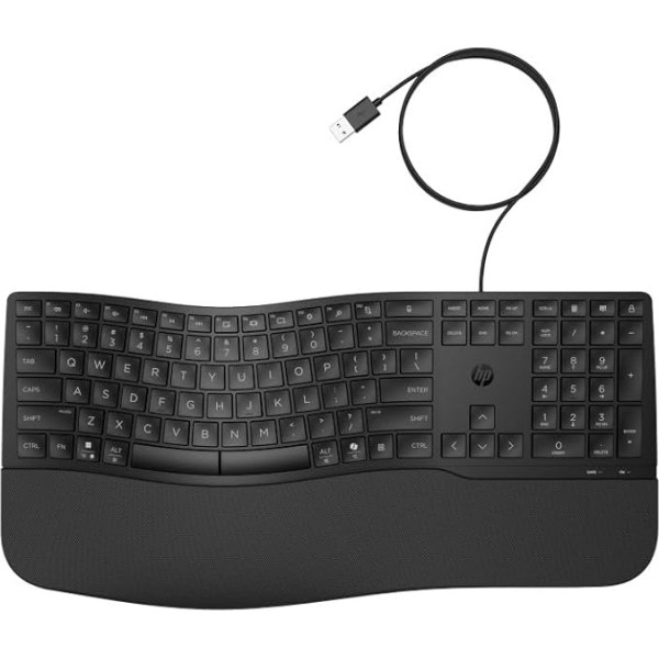 HP 480 Comfort Wired Keyboard - Ergonomic, Soft Wrist Rest, QWERTY Layout, Quiet Keys, 23 Programmable Keys, Multi-OS Compatible, USB-A, Durable, Black