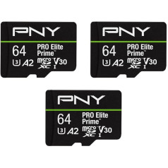 PNY Paquete de 3 Tarjetas Memoria microSDXC 64GB Pro Elite Prime Class 10 U3 V30 A2 + Adaptador SD - Hasta 200MB/s, Class 10, U3, V30, A2, 4K UHD, Full HD, UHS-I
