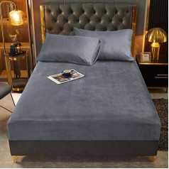 Fleece Fitted Sheet, 200 x 200 cm, Grey, Plush, Warm Winter Bed Sheet, Box Spring Bed, Terry Cloth, Cuddly, Double Bed, Plain Pattern, for Tall Mattresses