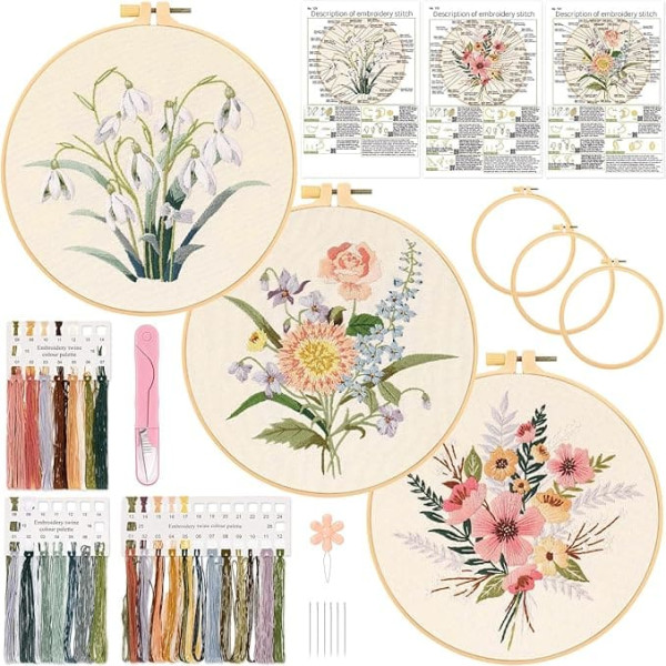 JSRQT 3 Sets Embroidery Set Flowers Beginners Adults, Stamped Cross Stitch Embroidery Kit, Handmade Needlepoint Embroidery Set with 3 Fabrics, 3 Embroidery Hoops, Needle and Thread, for DIY Art Crafts
