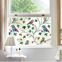 dktie Window Film, Privacy Film, Coloured Decorative Window Film, Colourful Branches and Birds, Opaque, Frosted Glass Film, Static Adhesive, Without Adhesive, UV Protection, Privacy Screen, Anti-Glare