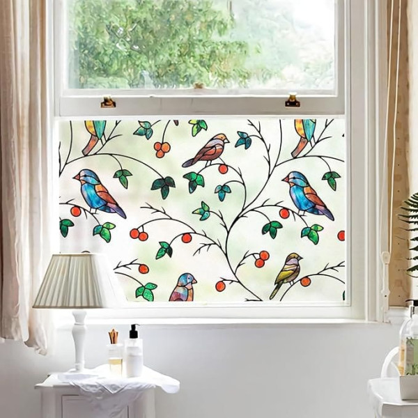 dktie Window Film, Privacy Film, Coloured Decorative Window Film, Colourful Branches and Birds, Opaque, Frosted Glass Film, Static Adhesive, Without Adhesive, UV Protection, Privacy Screen, Anti-Glare