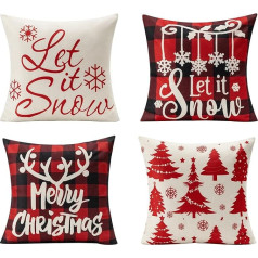 Christmas Cushion Covers, 45 x 45 cm, Set of 4, Linen, Snowman Reindeer Gloves, Christmas Cushion, Decorative Cushion Cover for Sofa, Couch, Bed, Christmas Decoration, Living Room, Red and