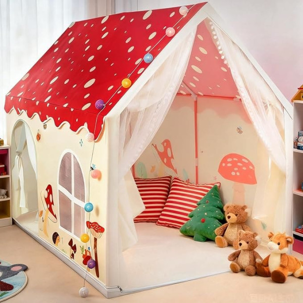 eSynic Children's Tent Foldable Play Tent with LED Light Chain Floor Mat Metal Stand 160 x 105 x 128 cm Playhouse for 4-6 Children for Living Room Bedroom