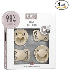 BIBS Pack of 4 Dummies, Try It Starter Pack, BPA-Free, Cherry Shape, Symmetrical and Orthodontic Teats, Natural Rubber/Latex, Made in Denmark. 0+ Months (Pack of 4), Vanilla