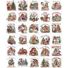 Vintage Christmas Transfers for Crafts, 30 Pieces, Farmhouse Animals UV DTF Transfers for Furniture, Retro Holiday Iodine Transfer Stickers for DIY, Wood, Glass, Signs, Home Decoration (8 x 8 cm)