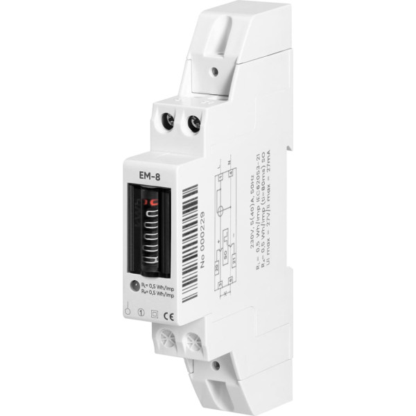 1-fāzes analogais elektroenerģijas patēriņa indikators, 40A, 1 modulis, DIN TH-35mm