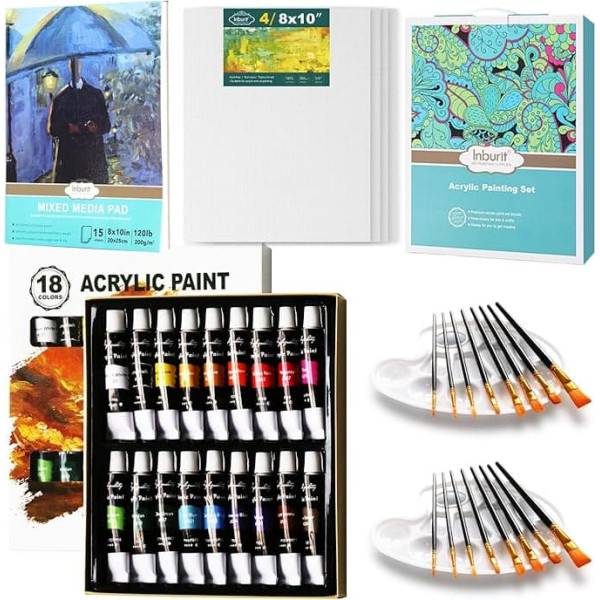 Inburit Acrylic Paint Set, Paint Set for Adults Children, 41-Piece Paint Set with 18 Tubes Acrylic Paints, Canvas, Brushes, Palette