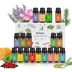 Essential Oils Set 18 x 10 ml, Tea Tree, Lavender, Eucalyptus, Frankincense, Lemongrass, Rosemary, Orange, Mint, Lemon, Bergamot, Ylang-Ylang, Grapefruit, Chamomile, Rose, Vanilla, Patchouli Sage