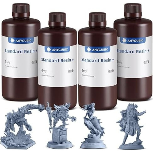 ANYCUBIC Standard Resin Plus 1000 g 4 Pieces, 3D Printer Resin, 405 nm LCD SLA Rapid UV Curing Resin, High Precision and Fast Photopolymer Resin for LCD/DLP/SLA 3D Printing, Grey