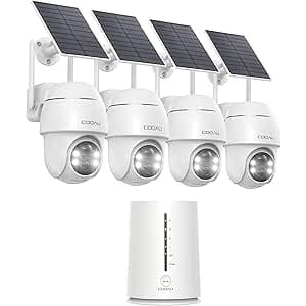 COOAU 4MP Outdoor Solar Surveillance Camera Set - 365 Days with Solar Panel - 2.5K Wireless Camera Surveillance with 64G Local Memory | 360 Degree Panorama | 4 LED Colour Night Vision (Four Camera Set)