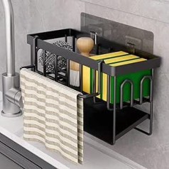 Kitchen Sink Organiser Sponge Holder - Sink Organiser with Dish Cloth Holder and Automatic Drain Pan, Metal Kitchen Sink Organiser - No Drilling (Black)