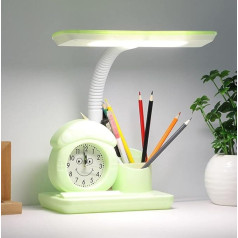 LED Children's Desk Lamp Table Lamp with Clock Cartoon Adjustable Reading Lamp Bedroom Bedside Lamp Button Switch Three Colours Dimming for Office Students Eye Protection Lamp Green