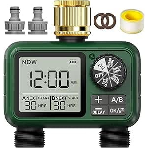 Irrigation Computer 2 Outputs, Brass Inlet, Large LCD Display Watering Timer, Automatic Watering Timer with Rain Delayed/Manual/Tap Timer for Garden