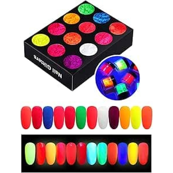 12 Colours Fluorescent Nail Powder, Glitter for Nails, Glitter Powder, Nail Powder Set, Fine, Glitter Powder for Crafts for Nail Art, Eyeshadow, Face, Crafts, DIY