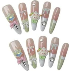 Handgefertigte Kunstnägel CG3AmStiletto-Kunstnägel, Hellgrüner French-Stil mit Schleife und süßem Hundemotiv, wiederverwendbar, 10 Stück