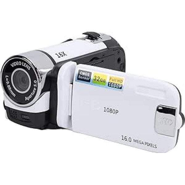 16MP 1080P 16x Digital Zoom Camcorder, 2.4 Inch Colour Screen Fill Light Loop Video Recording Camcorder for Travel, Growth Recording (White)