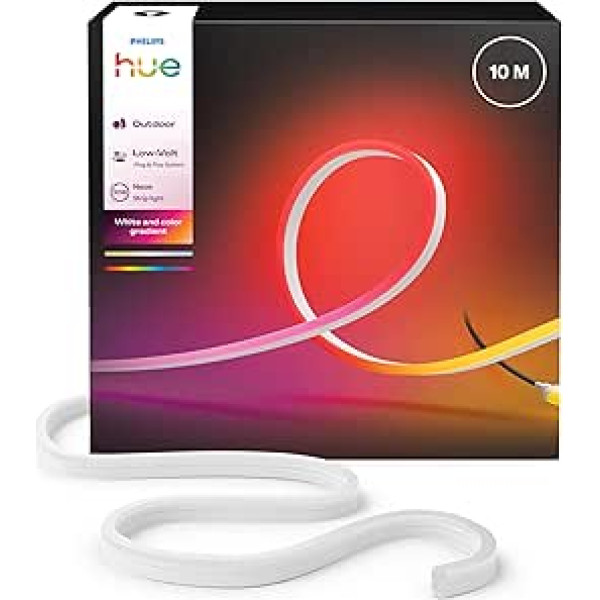 Hue Neon Outdoor 10 Metre Multicoloured LED Light Strip, 1100 lm, Vibrant Colours and Ambience, Flexible Outdoor Lighting, Chromasync Colour Mixing, Weatherproof, Low Voltage, App and Voice Control