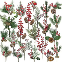 Pack of 22 Large Christmas Berries Artificial Pine Branches with Red Berries Pine Cones, Assorted 20 Types Christmas Picks for Craft Gift Picks Winter Flower Picks Tree Wreaths Christmas