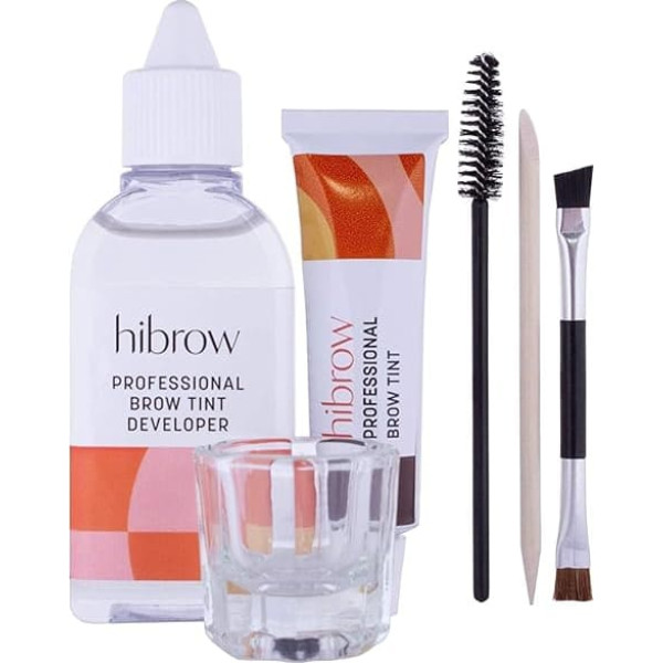 Hi Brow Professional Eyebrow Dye Set, Complete Eyebrow Tint Set, 15 ml Tint, 50 ml Developer, Glass Mixing Bowl, Double End Brush, Mascara Stick, Orange Wood Sticks (Dark Brown)