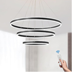 Round Modern LED Pendant Light, 3 Black Ring Chandeliers, Dimmable with Remote Control, 3000 K - 6000 K Ceiling Light, Height Adjustable, Foyer, Living Room, Bedroom, Dining Room (Diameter 40