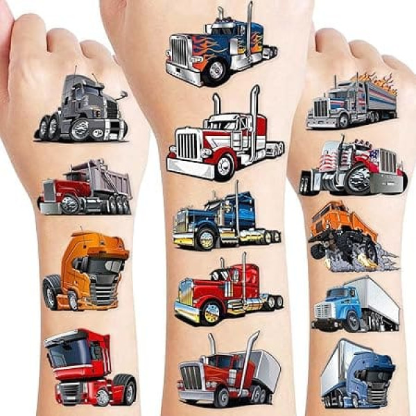 8 Sheets (96 Pieces) Semi Truck Temporary Tattoos Theme Birthday Party Decorations Supplies Favours Decor Stickers for Kids Boys Girls Gifts Classroom School Prizes Rewards