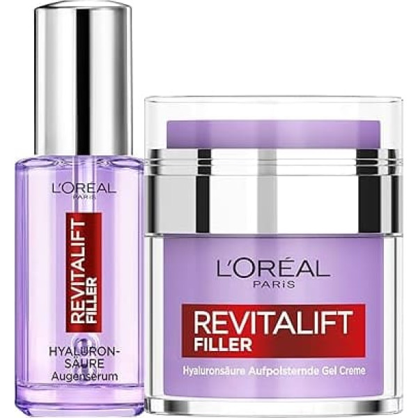 L'Oréal Paris Revitalift Filler Eye Serum with 2.5% Hyaluronic Acid + Caffeine, Anti-Ageing Eye Care, 20 ml and Revitalift Filler Gel Cream with Niacinamide, Glycerine and Ceramide, 50 ml