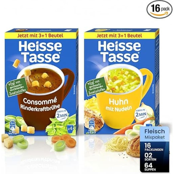 Mixpaket Asia - Erasco Hot Cups Set of 16 (8 x Thai Curry Style & 8 x Chinese) - Ready Meals, Instant Noodles & 5 Minute Terrine - Soup Variety - Quick Meal for Home & Office