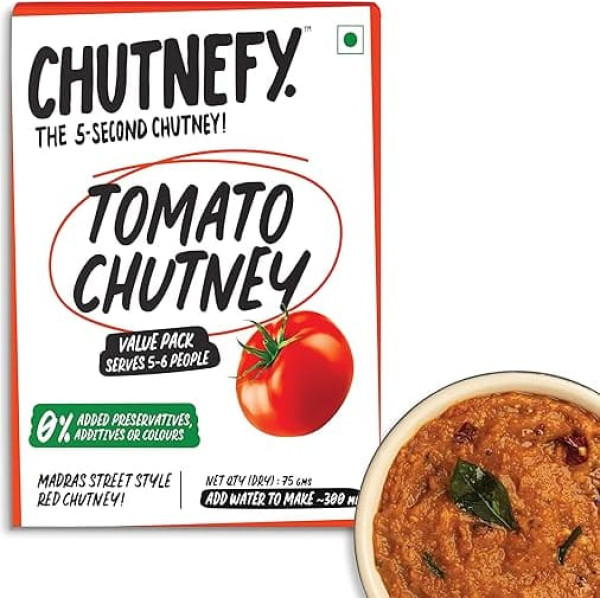 Chutnefy Tomaten-Chutney, 75 g, köstlich und verzehrfertig, 5-Sekunden-Instant-Chutney, ohne Konservierungsstoffe oder Zusatzstoffe