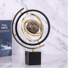 Modern Sculpture Decoration Abstract Art Room Decoration Rotating Metal Globe Ornament with Rectangle Base, Statue for Desk, Bookshelf and Living Room Decoration, Black & Gold