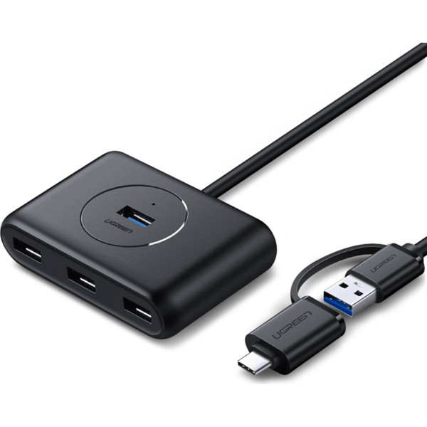 4-in-1 HUB adaptera sadalītājs USB-A/C uz 4x USB 3.0 5Gb/s 1m melns