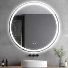Clevich Round Bathroom Mirror with Lighting, 60 cm, Round Mirror with Lighting, Bathroom Wall Mirror, 3 Light Colours, Dimmable, Bathroom Mirror with Touch Switch and Anti-Fog