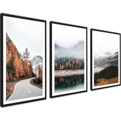 Set of 3 Landscape Posters, Mountains, Forest Brown, Gold, 3 x 50 x 70 cm Pictures as Wall Decoration, Living Room and Bedroom, No Frame