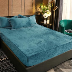 Luofanfei Microfibre Winter Fitted Sheet, 140 x 200 cm, Petrol, Fleece, Plush, Warm, for Box Spring Beds, Terry, for Tall Mattresses up to 25–30 cm Deep