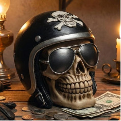 MIJOMA Skull Design Money Box - Hand Painted Polyresin Skull Money Box with Safety Lock - Stylish Storage for Savings (with Motorcycle Helmet & Sunglasses)