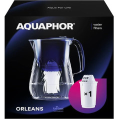 AQUAPHOR Orleans Water Filter Jug 4.2L to Reduce Limescale, Chlorine and Other Impurities Includes 1 x A5 350 Litre Magnesium Cartridge - Premium Glass Look Water Filter Jug - Blue