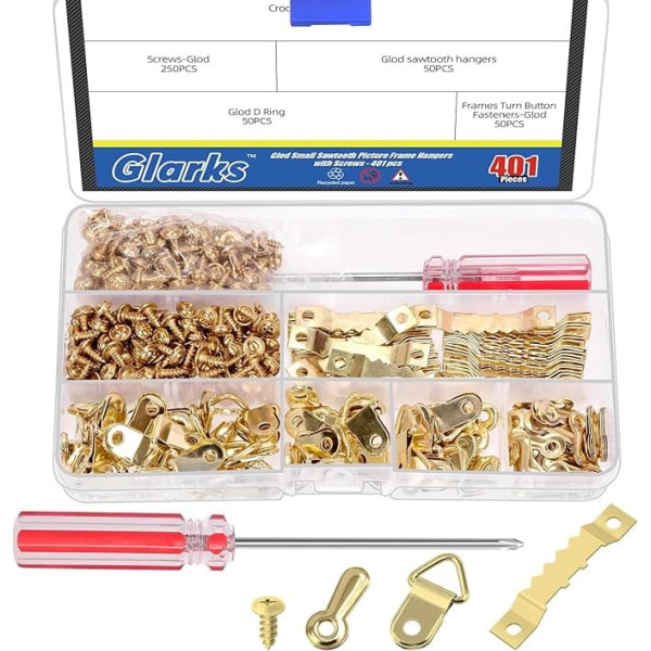 Glarks 401pcs Gold Picture Hanging Kit, Close 50pcs Sawtooth Picture Frame Hangers, 50pcs Frame Knobs, 50pcs D Ring Picture Hangers, 250pcs Screws and 1pcs Screwdriver