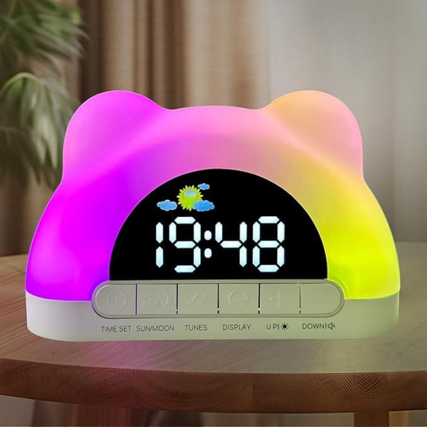 Children's Alarm Clock with Sleep Trainer, Sound Machine, Night Light for Beginners at School, Boys, Girls, Children, Digital Dual Alarms, Snooze Modes, 12/24 Hours Children