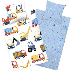 Aminata kids - Excavator Bed Linen Boys 135 x 200 cm - Construction Site Motif Cotton - with Zip - Reversible Teenage Children's Bedding Set with Construction Vehicles