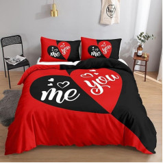 HOSIMA Love Heart Bedding Set for Adults, Boys and Girls, Black Red Love Heart Print Duvet Cover with 2 Pillowcases (Red Love Heart S)