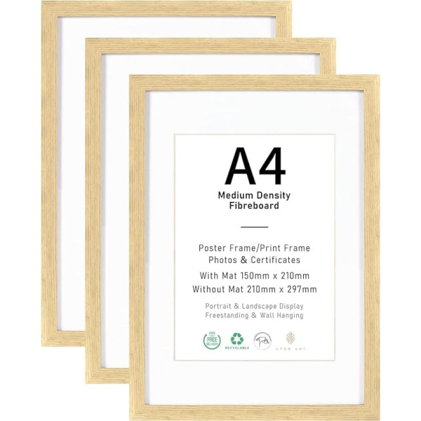 A4-Bilderrahmen, 3er-Set, 15 x 21 cm, mit Passepartout, Naturholzfarbe, Bilderrahmen für Wandmontage oder Tischaufstellung